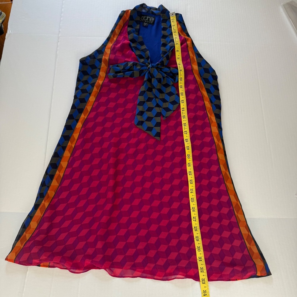 Atina Cristina Geometric Cube Print Tie Neck Shift Mini‎ Dress Pink Blue XS USA - Picture 6 of 7
